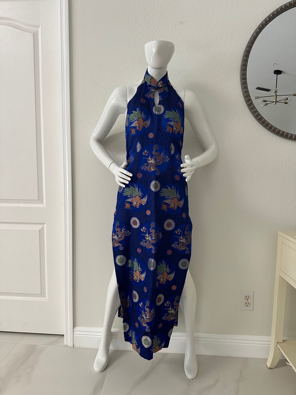 Blue Halter Dragon Print Qipao Side Slit Midi  Dress